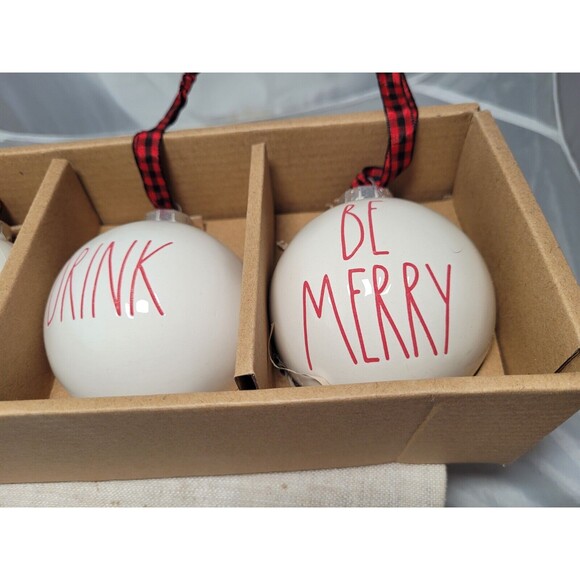 Rae Dunn By Magenta EAT DRINK BE MERRY Ceramic Christmas Ornaments Set of 3 - Picture 3 of 5